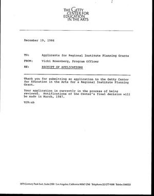 [Memo from Vicki J. Rosenberg to Applicants for Regional Institute Planning Grants, December 19, 1986]