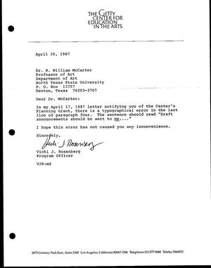 [Letter from Vicki J. Rosenberg to R. William McCarter, April 20, 1987]