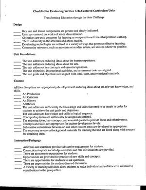 Checklist for Evaluating Written Arts-Centered Curriculum Units