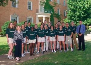 [UNT Orientation Leaders and staff pose in front of Clark Hall]