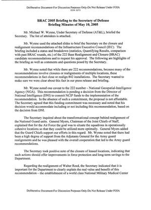 BRAC 2005 Briefing to the Secretary of Defense Briefing Minutes of May 10,2005