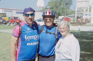 [Janie Bush and two cyclists in Springtown Texas: Lone Star Ride 2001 event photo]