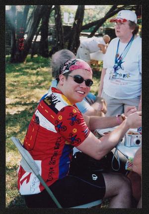 [Individual in a cycling jersey with names: Lone Star Ride 2005 event photo]