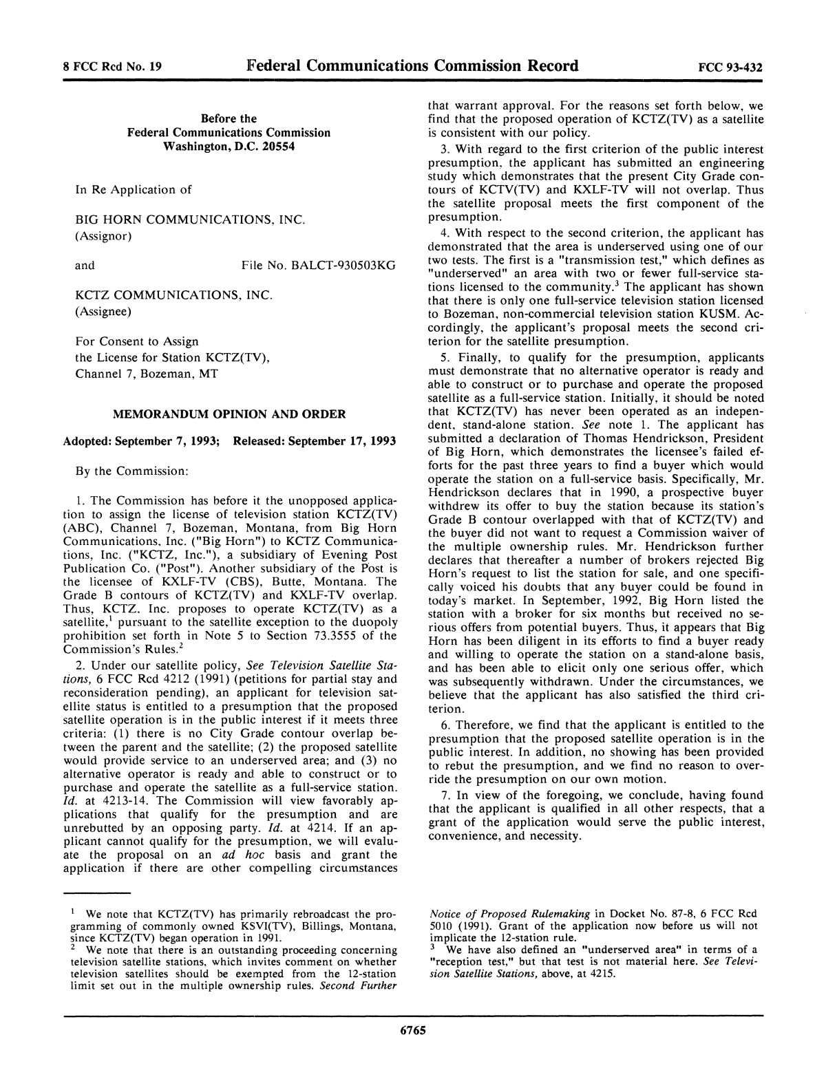 FCC Record, Volume 8, No. 19, Pages 6621 to 6998, September 6 - September 17, 1993
                                                
                                                    6765
                                                