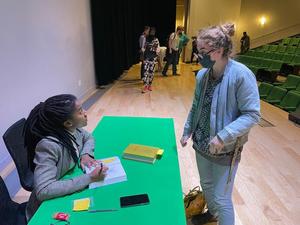 [Kendall Martin and author Tomi Adeyemi at Mary Jo and V. Lane Rawlins Fine Arts Series book signing event]