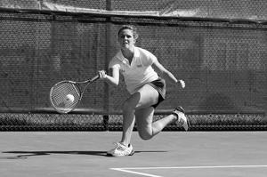 [Lynley Wasson hits forehand during Stephen F. Austin match, 7]