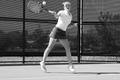 Primary view of [Aziza Aba Butain hits forehand during Stephen F. Austin match, 3]