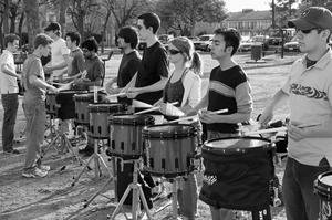 [Percussion Ensemble students practice outside of Clark Hall, 2]