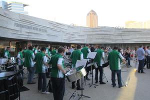 [Percussionists playing in the museum's courtyard, College of Music at the Perot Museum, 3]