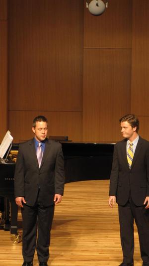 [Two singers performing with Heggie at the Student recital during Jake Heggie's residency, 5]
