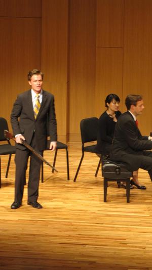 [Close-up of singer wearing a yellow tie at the Student recital during Jake Heggie's residency, 14]