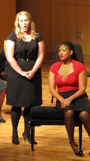 [Close-up of two singers at the Student recital during Jake Heggie's residency, 1]