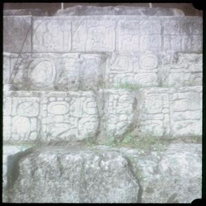 [Stone glyphs on a stairway in the Palenque ruins]