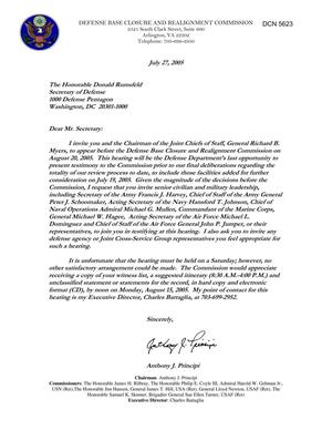 Executive Correspondence - Invite Letter from Chairman Principi to Sec Rumsfeld for the 20 Aug 05 Hearing