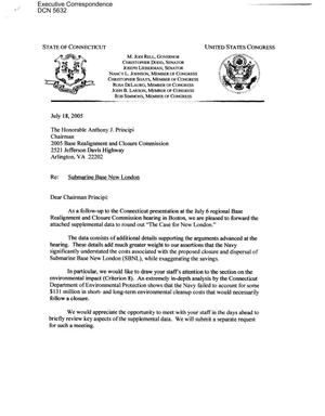 Executive Correspondence – Letter dated 07/18/2005 to Chairman Principi from Linda Lingle, Christopher Dodd, Joseph Lieberman, and Robert Simmons