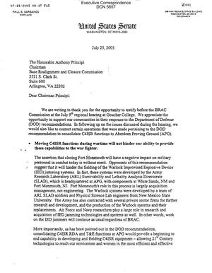 Executive Correspondence – Letter dated 07/25/2005 to Chairman Principi from Senators Paul Sarbanes, Barbara Mikulski, and Representative C.A. Dutch Ruppersberger