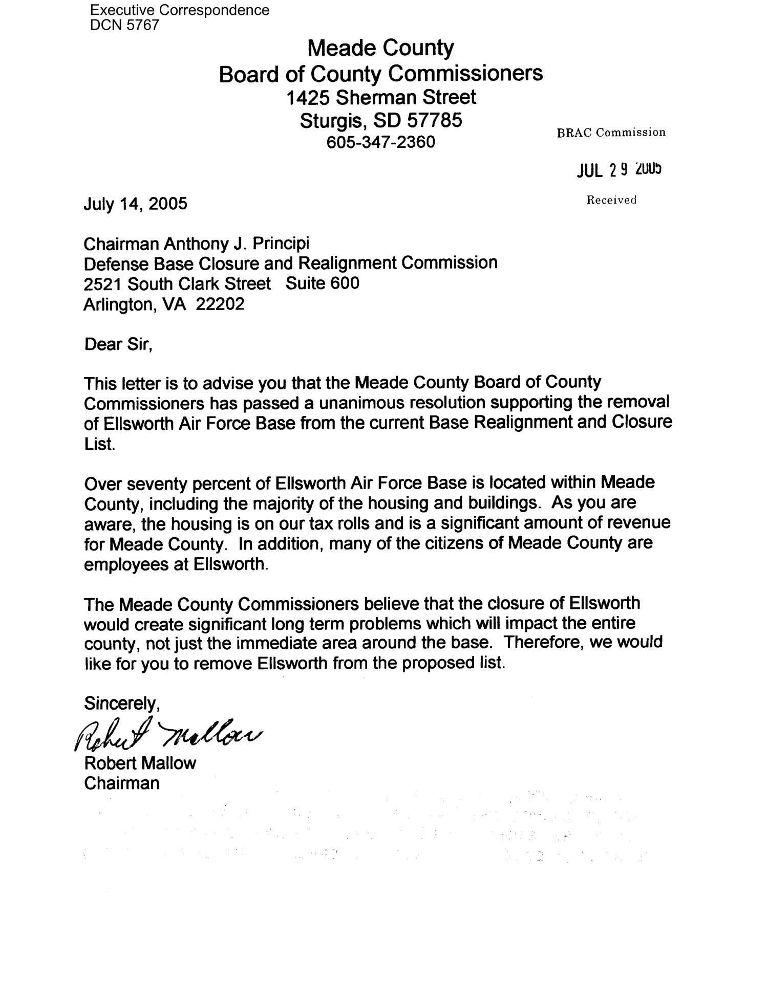 Executive Correspondence – Letter dtd 07/14/2005 to Chairman Principi