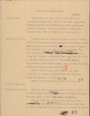 Primary view of object titled '[News Script: Simms V/O foreign students]'.
