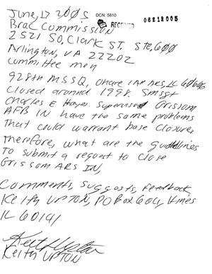 Letter from a concerned citizen in response to the closing of Grissom AFB