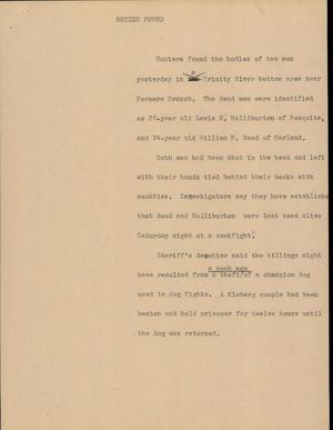 Primary view of object titled '[News Script: Bodies Found]'.