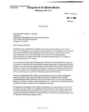 Executive Correspondence – Letter dtd 07/26/2005 to Chairman Principi from Representatives Mike Rogers, Bill Shuster, Don Sherwood, Sanford Bishop, Paul Kanjorski, and Spencer Bachus
