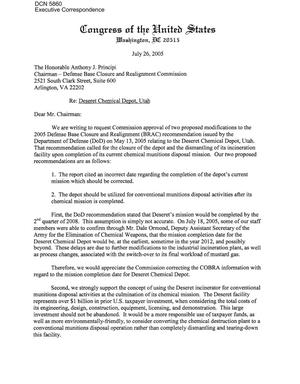 Executive Correspondence – Letter dtd 07/27/2005 to Chairman Principi from Senators Orrin Hatch and Robert Bennett, and Representatives Rob Bishop and Chris Cannon