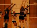 Thumbnail image of item number 1 in: '[Ana Buccini and Sarah Breedlove attempt to block spike by UNT player]'.