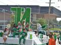 Primary view of [NT Cheerleaders ride float at 2011 Homecoming Parade]