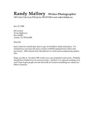 [Letter from Randy Mallory to Jill Lawless, July 15, 1998]