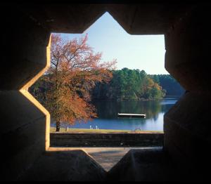[Daingerfield State Park Lake in autumn, view from the pavilion]