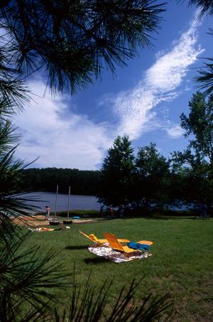 Primary view of object titled '[Two outdoor lounge chairs near Daingerfield State Park lake]'.