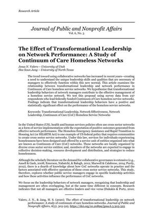 Primary view of object titled 'The Effect of Transformational Leadership on Network Performance: A Study of Continuum of Care Homeless Networks'.
