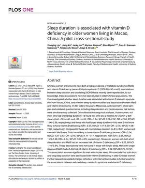 Sleep duration is associated with vitamin D deficiency in older women living in Macao, China: A pilot cross-sectional study