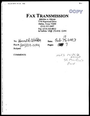 Primary view of [Copy of a fax from Brenda Field to Kenneth Walker, February 17, 2003]