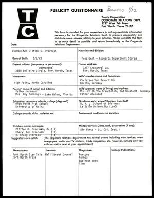 [Tandy Corporation Publicity Questionnaire for Clifton O. Overcash]