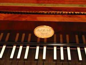 [Fortepiano after J.A. Stein by Paul McNulty, closeup on nameplate]