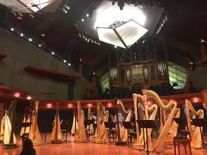 Primary view of object titled '[Rows of harps and music stands on a stage, 3]'.
