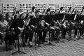Photograph: [Two rows of people playing bassoons adorned with tinsel, 6]