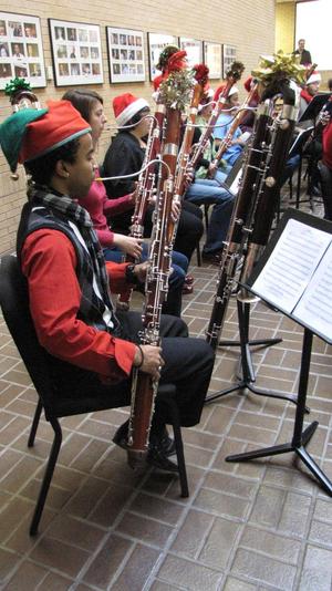 [A row of people playing bassoons adorned with tinsel, 3]