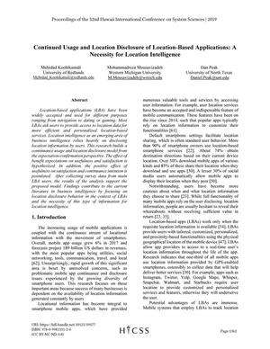 Primary view of object titled 'Continued Usage and Location Disclosure of Location-Based Applications: A Necessity for Location Intelligence'.