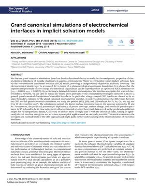 Grand canonical simulations of electrochemical interfaces in implicit solvation models