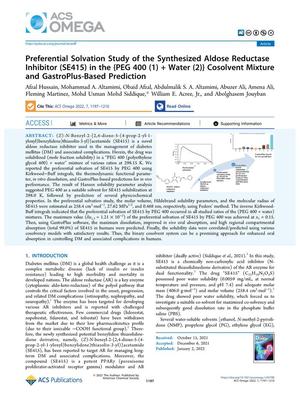 Preferential Solvation Study of the Synthesized Aldose Reductase Inhibitor (SE415) in the {PEG 400 (1) + Water (2)} Cosolvent Mixture and GastroPlus-Based Prediction