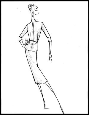 [Sketch created by Michael Faircloth of a top and skirt with a belt]
