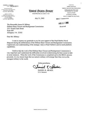 Primary view of object titled 'Executive Correspondence - Letter from  Hawaii Senator Daniel K. Akaka regarding Pearl Harbor Naval Shipyard'.