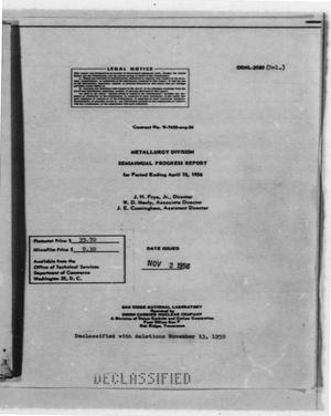 Metallurgy Division Semiannual Progress Report for Period Ending April 10, 1956