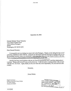 Letter From Sonny Perdue to General Michael "Buzz" Moseley Regarding Robins Air Force Base