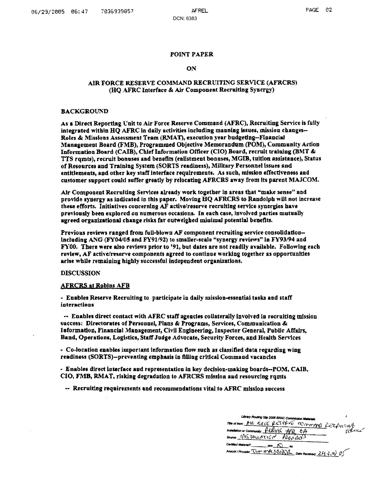 Point Paper on Air Force Reserve Command Recruiting Service (AFRCRS)
                                                
                                                    [Sequence #]: 1 of 3
                                                