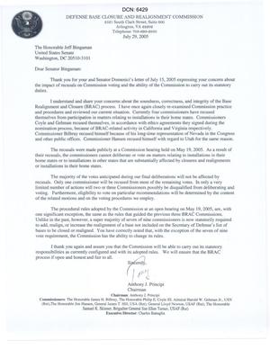 Letter from the BRAC Chairman Anthony J. Principi to Senator Bingaman dtd 29 July 2005