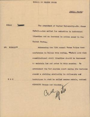 Primary view of object titled '[News Script: McCall on police power]'.
