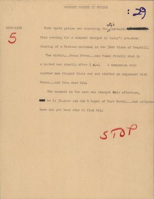 Primary view of object titled '[News Script: Suspect sought in murder]'.